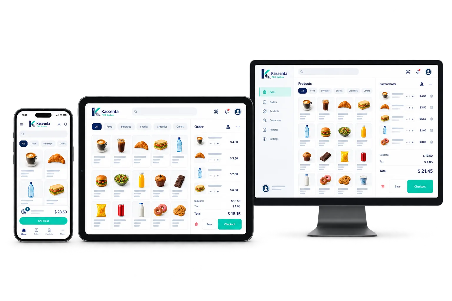 Kassenta shown on a phone, a tablet and a desktop browser